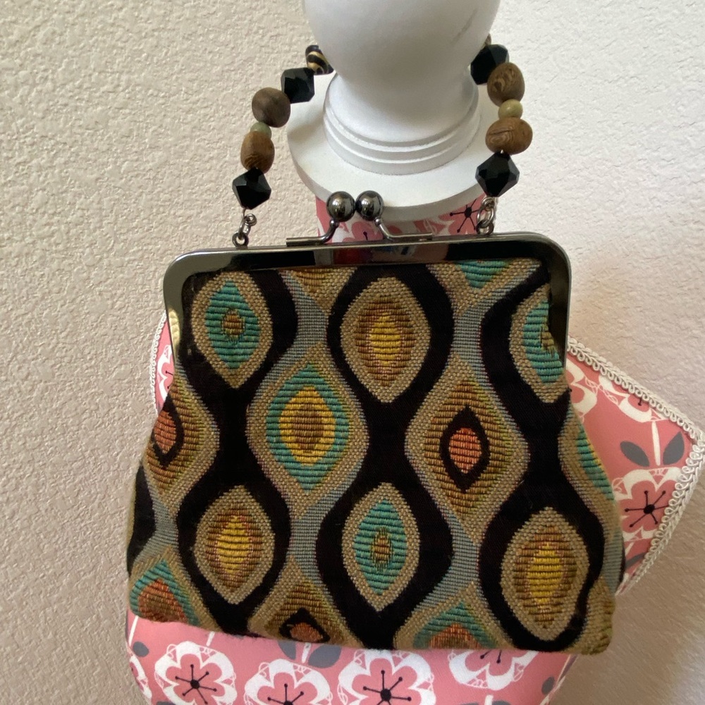 Liz Soto geometric tapestry kiss lock bag